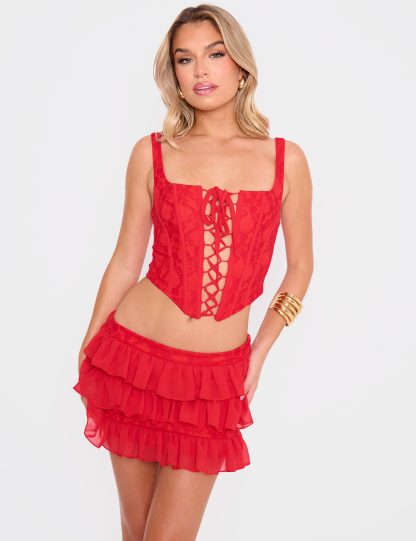 Square Neck Lace Up Dipped Hem Corset Red