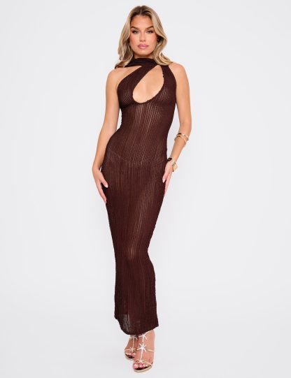 Textured Scarf Detail Cut Out Maxi Dress Chocolate