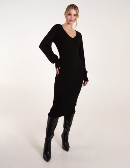 V-Neck Ribbed Dress - L / BLACK