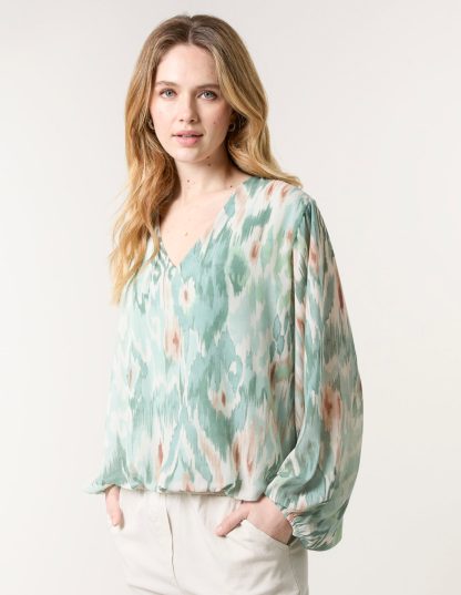 V Neck Watercolour Print Blouse - S/M / Mint