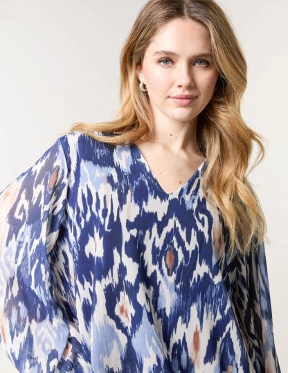 V Neck Watercolour Print Blouse - S/M / NAVY