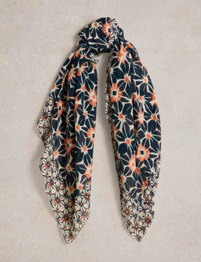 White Stuff Women's Cotton Blend Batik Floral Scarf - Navy Mix, Navy Mix