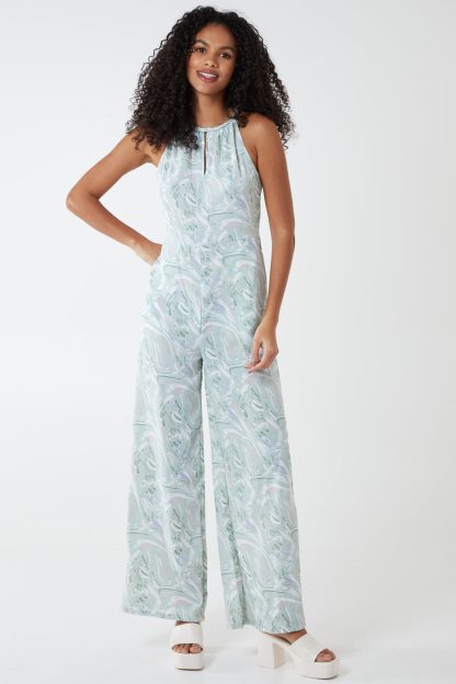 Abstract Print Halter Neck Culotte Jumpsuit - 10 / Sage