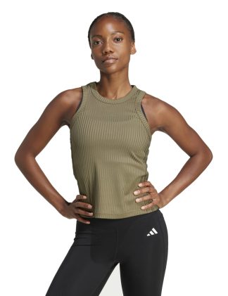 Adidas Women's All Gym Seasonal Rib Tonal 3 Stripes Vest Top - Putty, White,Putty,Black