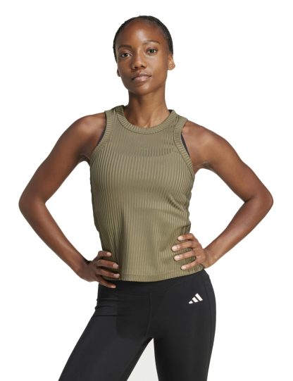 Adidas Women's All Gym Seasonal Rib Tonal 3 Stripes Vest Top - Putty, White,Putty,Black
