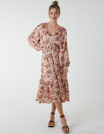 Balloon Sleeve Floral Midi Dress - 8 / PINK PATTERN