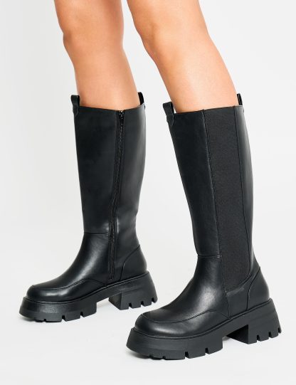 Bryant Black Pu Chunky Sole Elasticated Knee High Boots