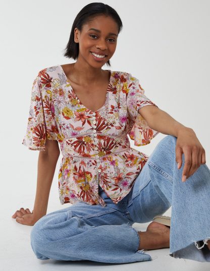 Button Front Batwing Peplum Top - 8 / PINK