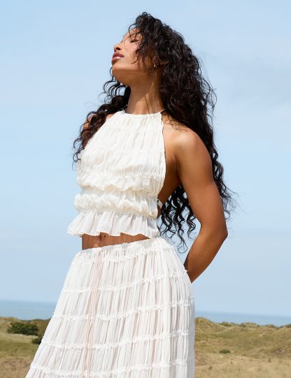 Chiffon Ruched High Neck Backless Top Cream