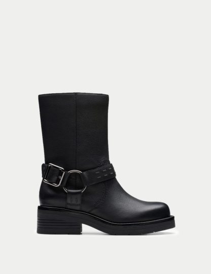 Clarks Women's Leather Buckle Flat Boots - 6 - Black, Black
