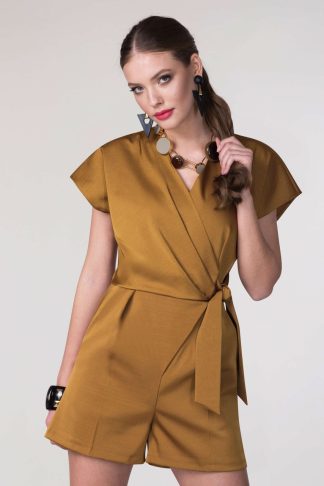 Closet London Camel Satin Wrap & Tie Kimono Playsuit Size:10