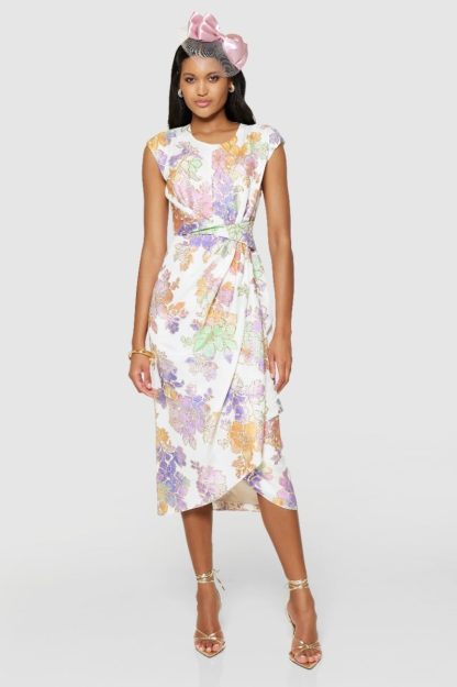 Closet London Violet Floral Draped Pencil Midi Dress
