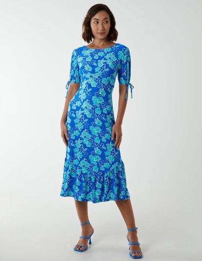 Crew Neck Midi Dress With Scrunchie Back Detail - 8 / BLUE