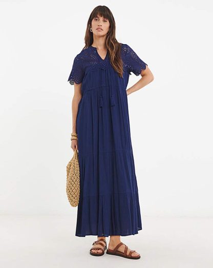 Crinkle Broderie Trim Smock Dress Navy - JD Williams - Size: 10