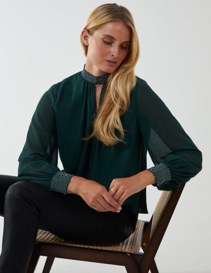 Diamante Collar & Cuff Puffball Top - S / GREEN