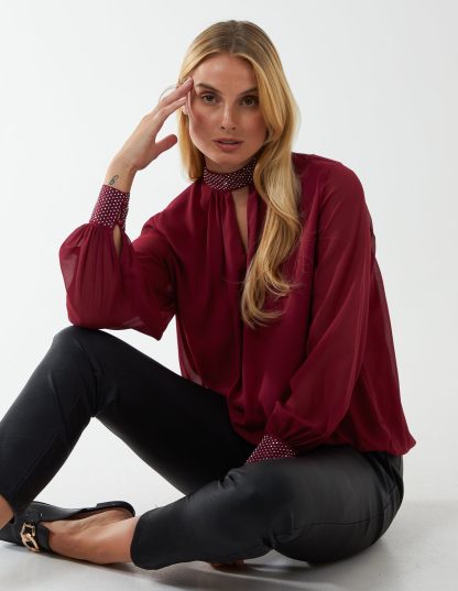 Diamante Collar & Cuff Puffball Top - S / WINE