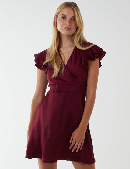 Double Angel Sleeve Wrap Dress - 8 / WINE
