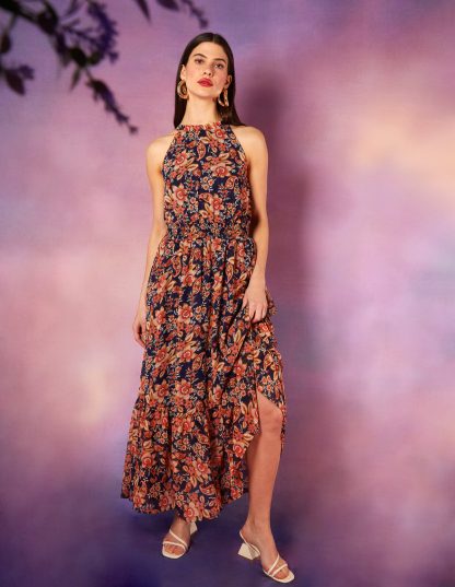 Drawstring Halter Neck Dress - 8 / NAVY