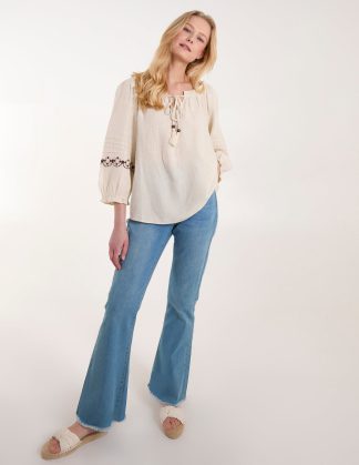 Embroidered Pleat Sleeve Top - S / STONE