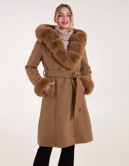 Faux Fur Trim Double Breasted Coat - 14 / Camel