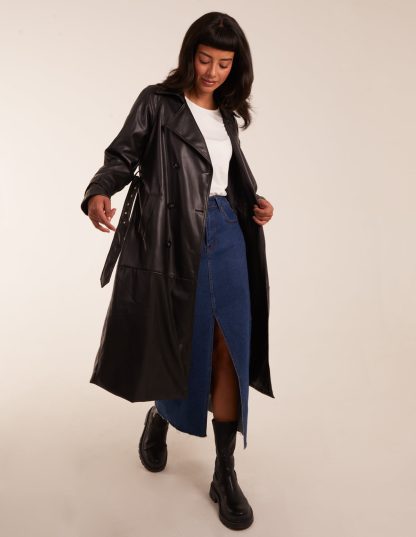 Faux Leather Belted Trench Coat - 8 / BLACK