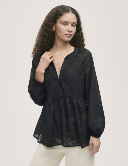Finery London Women's Cotton Rich Chiffon Paisley Shirred Blouse - 14 - Black, Black,White,Navy