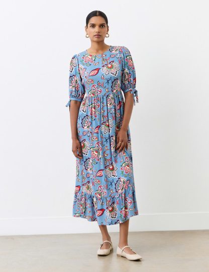 Finery London Women's Crepe Floral Round Neck Midi Smock Dress - 24 - Blue Mix, Blue Mix,Black Mix