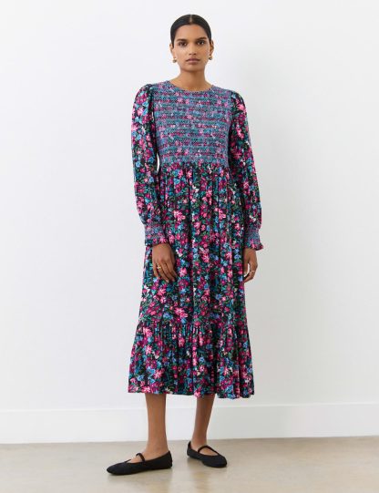 Finery London Women's Floral Shired Midi Smock Dress - 12 - Pink Mix, Pink Mix,Green Mix
