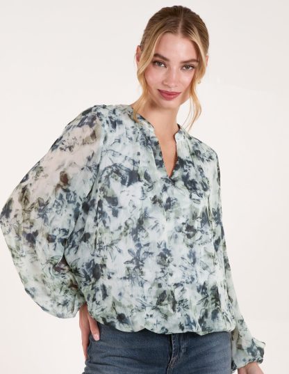 Grandad Collar Puffball Watercolour Top - M / BLUE PATTERN