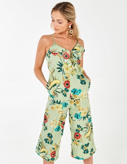 Green Wrap Frill Culotte Jumpsuit - 16 / GREEN