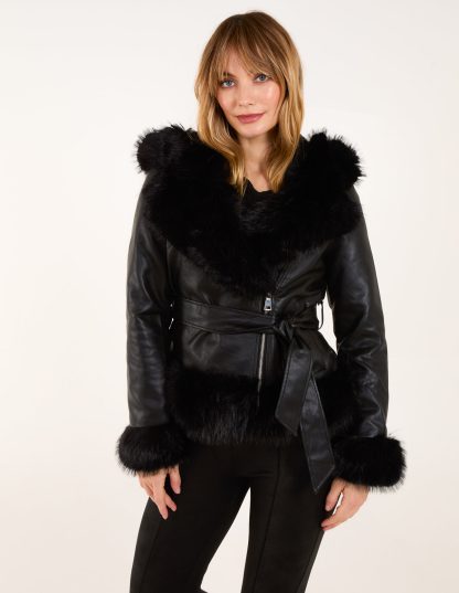 Hooded Zip Faux Fur Cropped PU Jacket - 8 / BLACK