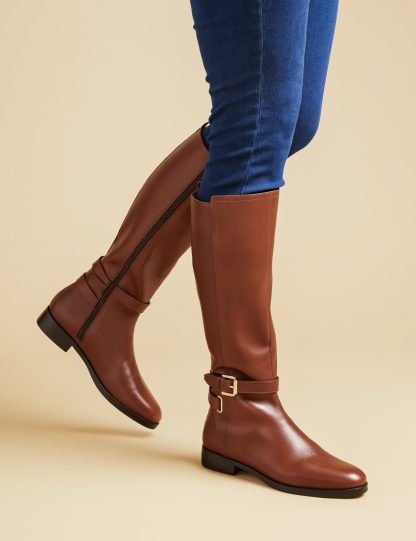 Jones Bootmaker Women's Leather Buckle Block Heel Riding Boots - 4 - Tan, Tan,Black