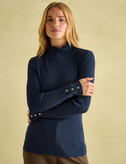 Joules Women's Jersey Ribbed Ruffle Collar Top - 14 - Navy, Navy