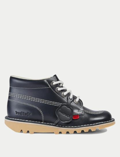 Kickers Women's Leather Chunky Lace Up Ankle Boots - 3STD - Dark Blue, Tan,Dark Blue,Red