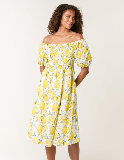 Lemon Print Broderie Anglaise Shirred Dress - ONE / LEMON