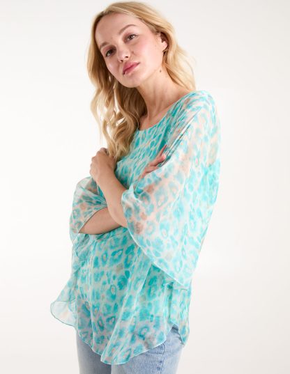 Leopard Print Chiffon Top - ONE / Light Blue