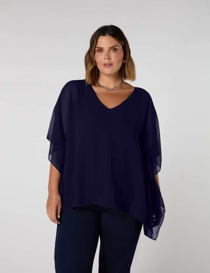 Live Unlimited London Women's Chiffon Overlay V-Neck Top - 16 - Navy, Navy