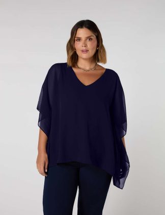 Live Unlimited London Women's Chiffon Overlay V-Neck Top - 26 - Navy, Navy