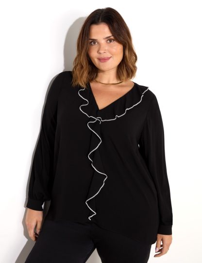 Live Unlimited London Women's V-Neck Ruffle Top - 14 - Black, Black
