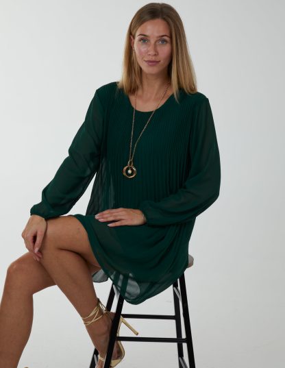 Long Sleeve Pleated Shift Dress - S/M / Bottle Green