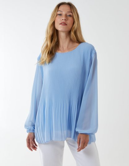 Long Sleeve Pleated Top - ONE / BLUE