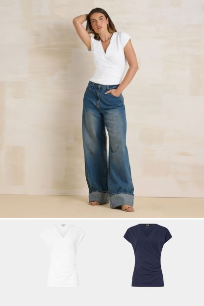 Lts Tall 2 Pack Navy Blue & White Grown Sleeve Wrap Tops 22-24 Lts | Tall Women's Wrap Tops