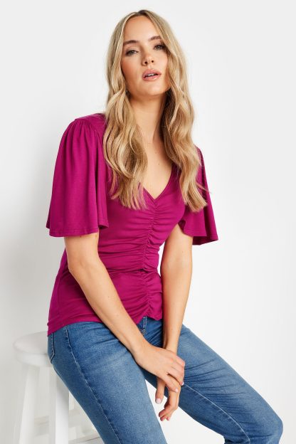 Lts Tall Berry Red Angel Sleeve Ruched Front Top 22-24 Lts | Tall Women's Basic Tops