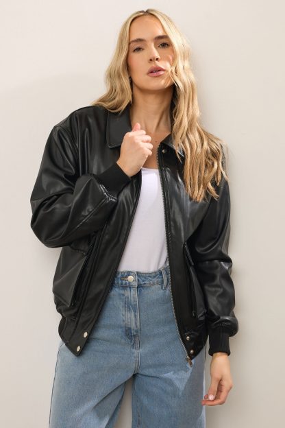 Lts Tall Black Faux Leather Pocket Trucker Jacket 20 Lts | Tall Women's Faux Leather Jackets