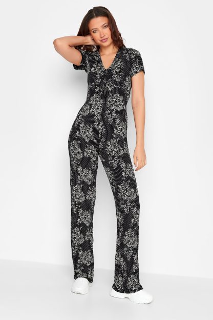 Lts Tall Black Stripe Leaf Print Stretch Jumpsuit 22-24 Lts | Tall Women's Jumpsuits