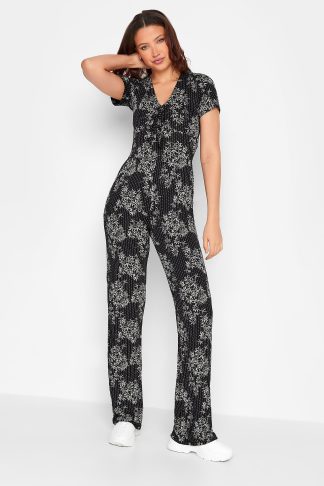 Lts Tall Black Stripe Leaf Print Stretch Jumpsuit 8 Lts | Tall Women's Jumpsuits