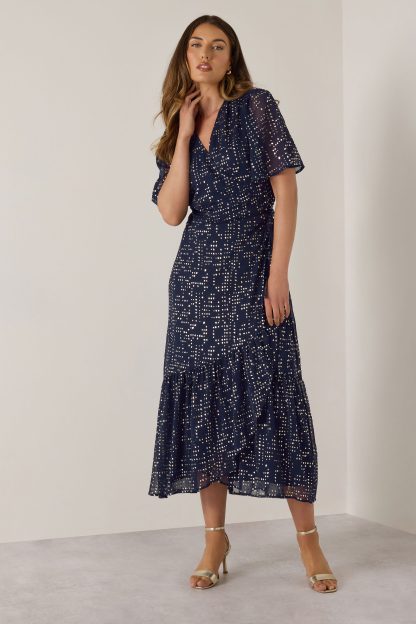 Lts Tall Navy Blue Chiffon Foil Dot Wrap Dress 24 Lts | Tall Women's Occasion Dresses