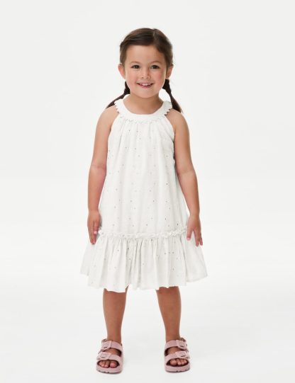 M&S Collection Girls Pure Cotton Broderie Dress (2-8 Yrs) - 5-6 Y - Ivory, Pink,Ivory