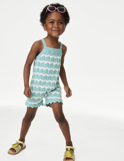 M&S Collection Girls Pure Cotton Knitted Playsuit (2-8 Yrs) - 5-6 Y - Blue Mix, Blue Mix