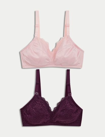 M&S Collection Women's 2 Pack Lace & Mesh Nursing Bras B-H - 36D - Blackcurrant, Black Mix,Blackcurrant